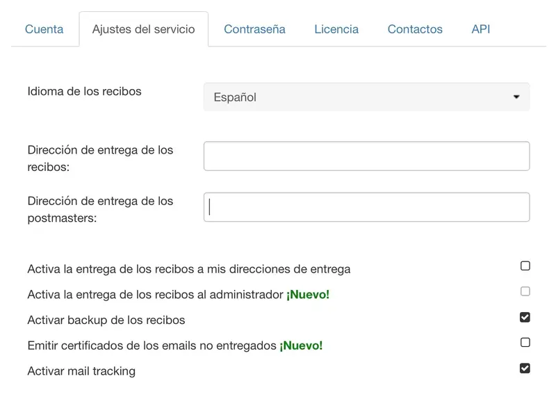 User settings screenshot