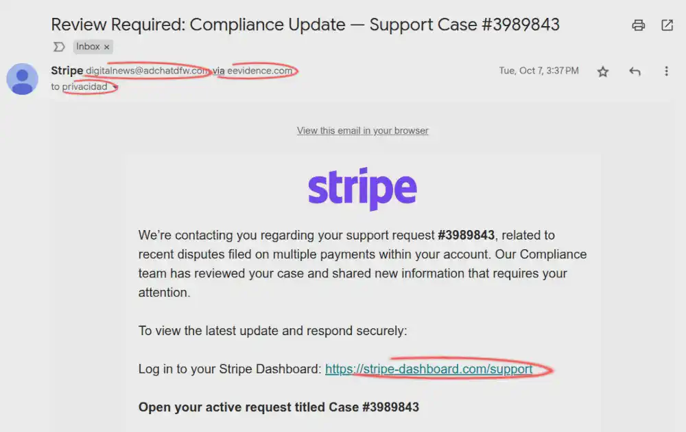 Screenshot of the Stripe phishing email